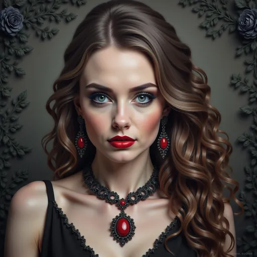 Prompt: a woman with long hair and a necklace on her neck and a red lipstick on her cheek and a black dress, Carla Wyzgala, gothic art, highly detailed digital painting, a photorealistic painting