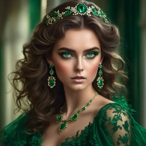 Prompt: <mymodel>High-res, realistic portrait of a stylish woman, vibrant green color scheme, large expressive green eyes, flawless makeup, luxurious green fabrics, elegant pose, detailed hair and accessories, professional, high-quality, realistic, green tones, detailed eyes, elegant styling, natural lighting