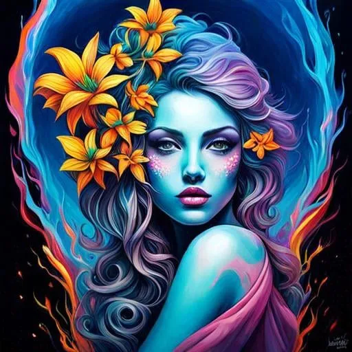 Prompt: Flower Siren graffiti art, splash art, street art, spray paint, oil gouache melting, acrylic, high contrast, colorful polychromatic, ultra detailed, ultra quality, CGSociety