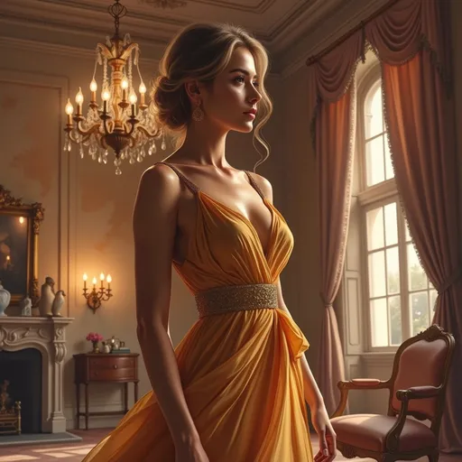 Prompt: elegant woman, adorned in a luxurious gown, standing gracefully, golden color palette, opulent room with high ceilings, grand chandeliers casting warm lighting, rich velvet curtains draping, plush furniture, intricate moldings, ambient glow enhancing the glamour, intricate details creating a sense of sophistication, lavish decor, ultra-detailed, 4K quality, dramatic atmosphere.