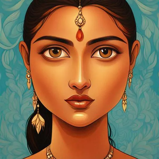 Prompt: The portrait depicts a young Indian woman with flawless caramel-toned skin, reflecting the warm hues of the golden hour light. Her face is exquisitely composed, with sharp focus capturing every intricate detail of her features. Her large, almond-shaped eyes are rich and dark, with a hint of curiosity and wisdom shining in their depths. Long, thick lashes frame her expressive eyes, casting delicate shadows on her skin.

The women's full lips are painted in a natural pink hue, and her cheeks have a subtle rosy blush, adding to her youthful radiance. Her eyebrows are meticulously groomed, arched elegantly to frame her eyes with precision. A small, intricately designed bindi in the center of her forehead catches the light, adding a touch of cultural significance to her portrait.

Her hair is styled in thick, lustrous waves that cascade over her shoulders and down her back, each strand rendered with hyper-realistic precision. She wears traditional Indian jewelry, including ornate golden jhumka earrings and a delicate nose pin that glimmers in the light, adding to her regal aura.