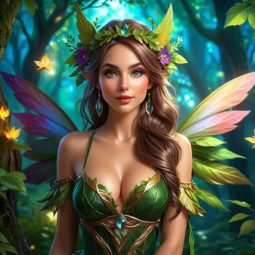 Prompt: Hyper-realisctic, (Full body character portrait), Female Fairy Druid, enchanting forest background, dramatic lighting casting playful shadows, intricate leafy attire, (beautiful, elegant pose), captivating expression with a hint of mischief, vibrant colors enhancing attractiveness, ultra-detailed eyes, ultra-detailed, whimsical atmosphere, 4K quality, fantasy art style.