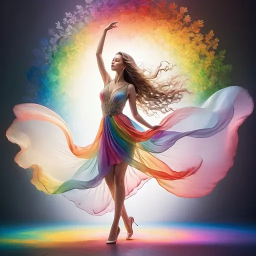 Prompt: (elegant lady), graceful pose, vivid (colors of the rainbow), flowing attire, chic accessories, soft and dreamy ambiance, radiating a sense of joy, ultra-detailed, ambient lighting, romantic atmosphere, intricate patterns, harmonious blend of hues, beautifully flowing hair, serene expression, enchanting background bursting with color, high-quality rendering.