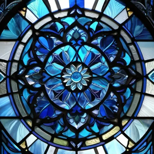 Prompt: Stunning stained glass window in shades of blue, intricate geometric patterns, ethereal and translucent, high quality, stained glass, blue tones, intricate design, ethereal lighting