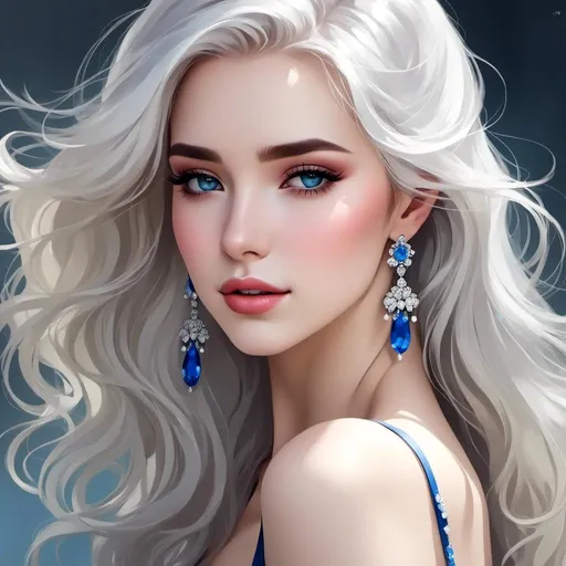 Prompt: <mymodel>A beautiful woman, white hair, blue eyes, blue eyeshadow, blue jewels o