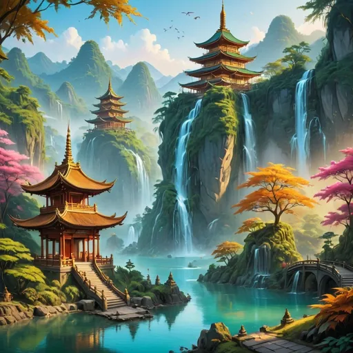 Prompt: Bathed in the golden hues of a setting sun, a majestic pagoda rises amidst lush, verdant hills, cascading waterfalls pouring down its sides into a tranquil turquoise lake below. The intricate architecture, adorned with pointed roofs and vibrant accents, blends harmoniously with the natural beauty surrounding it, while vibrant pink and orange foliage frames the scene, enhancing its dreamlike quality. Soft mist dances around the base of the structure, adding an ethereal feel to the landscape, where serenity reigns supreme. The scene captures a perfect balance of nature and human artistry, inviting a sense of peace and wonder as the day transforms into twilight.