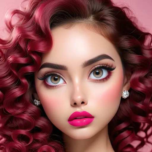 Prompt: <mymodel>woman with big  eyes and carmine lips, curly hair,,  pink cheeks
