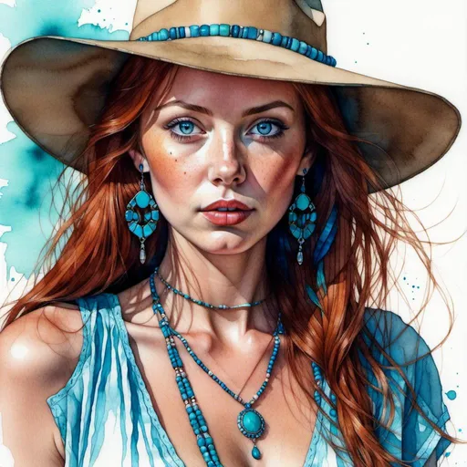 Prompt: <mymodel>watercolor and pen sketch of a beautiful young woman dressed in southwestern style and turquoise jewelry.