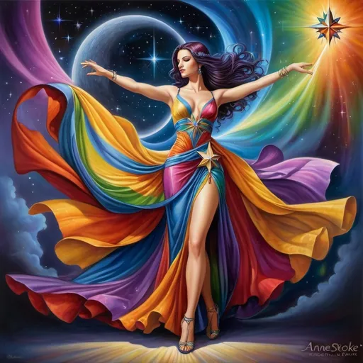 Prompt: a woman in a colorful dress with a star in the background of a painting of a woman in a colorful dress, Anne Stokes, fantasy art, mystical colors, an art deco painting