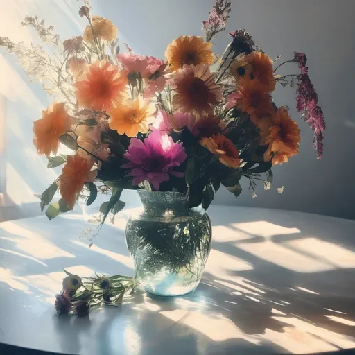 Prompt: A vase  of flowers on a table  with soft sunlight beams shining on it