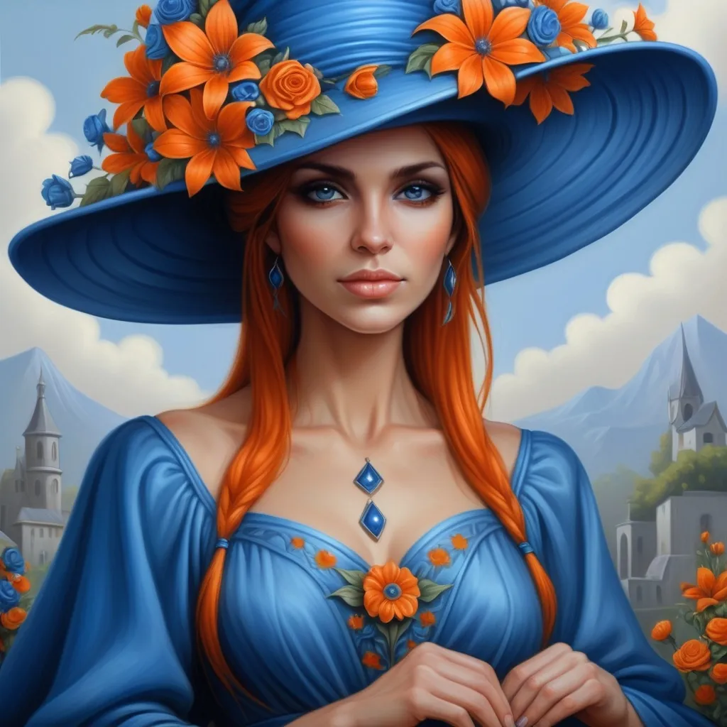 Prompt: a painting of a woman wearing a large  blue hat with  orange flowers on it and a blue dress, Anne Stokes, fantasy art, highly detailed digital painting, a fine art painting