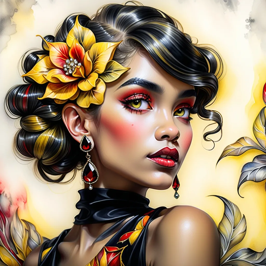 Prompt: <mymodel> beautiful woman, hair pinned up, yellow red black dress, earrings, Watercolor, trending on artstation, sharp focus, studio photo, intricate details, highly detailed, by  Josephine Wall and Jasmine Becket-Griffith