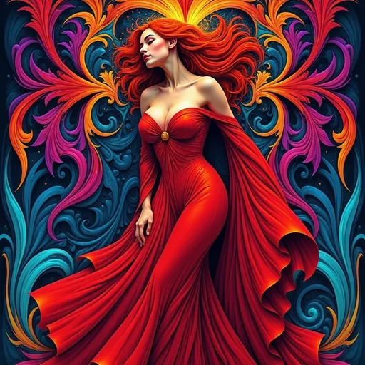 Prompt: Mage Crimson (painting of a well endowed woman in a striking red dress), vibrant, flowing red hair, red cape draping elegantly, (deep blue psychedelic background), surreal forms and patterns intertwining, created in the style of Alphonse Mucha, rich color saturation, ethereal and dreamlike atmosphere, (intricate textures), visually captivating, 4K quality, poster art aesthetic.