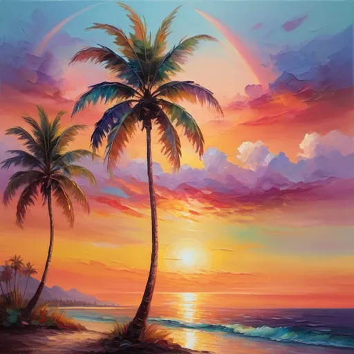 Prompt: Vibrant sunset in rainbow colors, oil painting, calm ocean waves, palm trees silhouetted against the horizon, high quality, impressionism, warm tones, soft and dreamy lighting