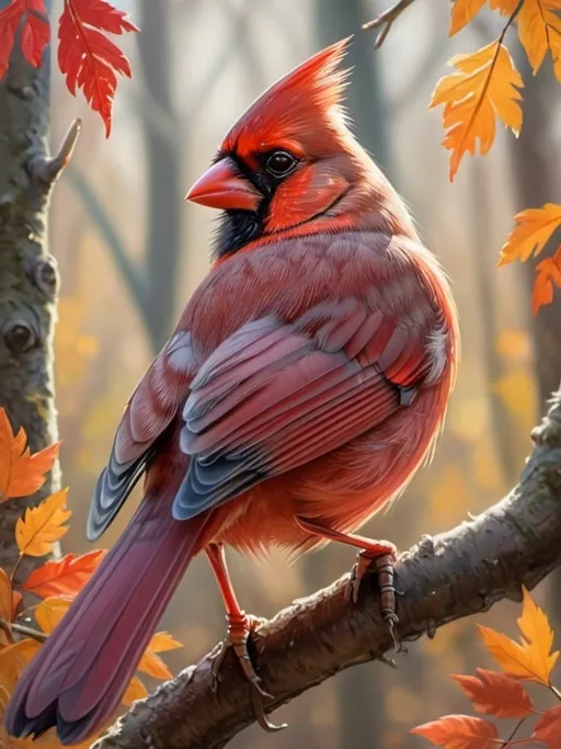 Prompt: High-quality, detailed cardinal illustration, realistic feathers, vibrant colors, natural woodland setting, bright sunlight filtering through trees, lifelike pose, intricate feathers, realistic wildlife art, artistic rendering, vibrant colors, natural lighting