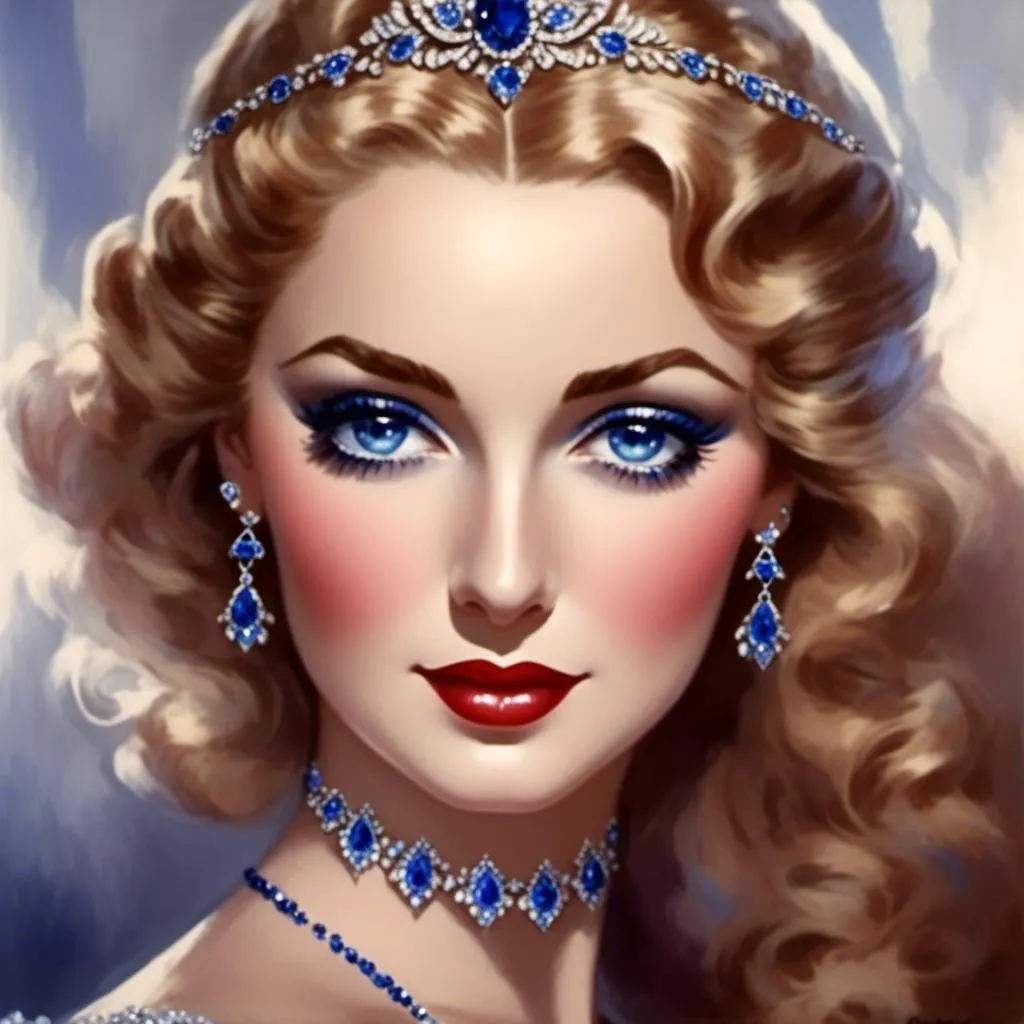 Prompt: <mymodel>Glamorously dressed lady of rhe 1930's wearing sapphire jewelry,blue eyes