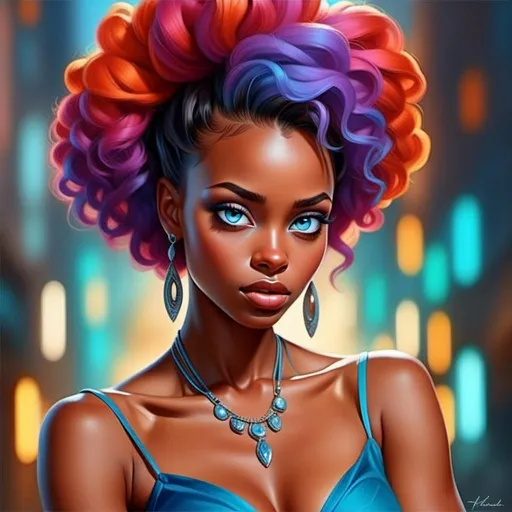 Prompt: <mymodel>digital painting, dramatic colourful makeup, high fashion, intense gaze, realistic portrayal, vibrant colors, detailed features, highres, professional, dramatic, realistic, digital painting, intense gaze, vibrant colors, detailed features, high fashion, glamorous lighting