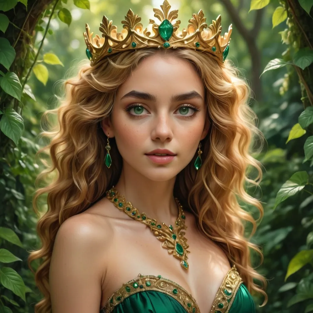 Prompt: Amidst a lush green backdrop, a striking young woman captivates the viewer with her enchanting presence. Her voluminous, golden curls cascade gracefully around her shoulders, adorned with an intricate crown embellished with sparkling emeralds that reflect the dappled sunlight filtering through the leaves. Dressed in a stunning emerald-green gown, the color harmonizes beautifully with her large, expressive eyes and softly contoured features, evoking a sense of ethereal elegance. The scene resonates with a magical, fairy-tale atmosphere, merging natural beauty and opulent adornments to create a captivating narrative of grace and allure.