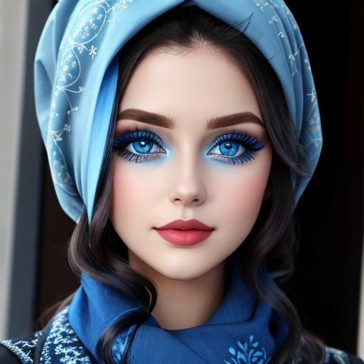 Prompt: A woman all in blue, blue eyes, pretty makeup, blue embroidered scarf over hair