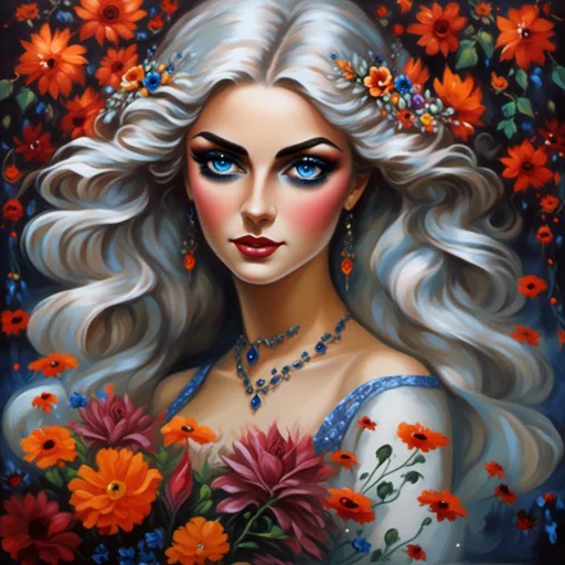 Prompt: <mymodel>Nataasha-Beautiful woman with flowers, oil painting, detailed fiery eyes, ethereal glow, dark and mysterious, high quality, vibrant colors, surreal, haunting, intricate floral details, intense gaze, mystical atmosphere, oil painting, demon, hybrid, fiery eyes, ethereal, vibrant colors, surreal, haunting, floral details, intense gaze, mystical atmosphere