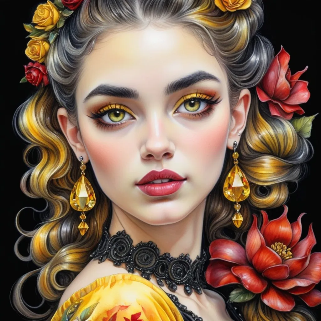 Prompt: <mymodel> beautiful woman, hair pinned up, yellow red black dress, earrings, Watercolor, trending on artstation, sharp focus, studio photo, intricate details, highly detailed, by  Josephine Wall and Jasmine Becket-Griffith