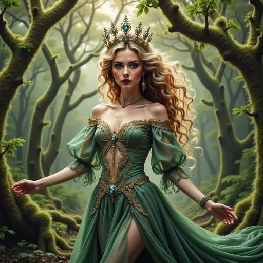 Prompt: A captivating forest scene unfolds, where a regal figure, adorned in an elegant green gown, exudes enchantment amidst the lush foliage. Her long, cascading curls frame a delicate face, accentuated by a golden crown that glimmers with jewels, reflecting the soft sunlight filtering through the dense trees. The soft emerald hues of her attire harmonize with the vibrant greenery surrounding her, while her outstretched arms suggest a graceful movement as if she is stepping gently through the mossy undergrowth. This ethereal beauty radiates an atmosphere of serene majesty and mystical allure, perfectly in tune with the enchanted forest setting.