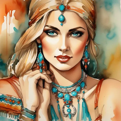 Prompt: <mymodel> Watercolor and pen sketch of a young woman in southwestern style, turquoise jewelry, flowing attire, intricate details, vibrant colors, high quality, southwest art, watercolor, pen sketch, detailed jewelry, flowing attire, vibrant colors, beautiful woman, high quality imagery, professional, atmospheric lighting