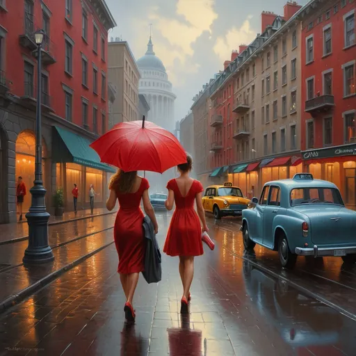 Prompt: a woman in a  red dress is walking down the street with holding an umbrella in the rain, with a car and a taxi in the background, Evgeny Lushpin, figurative art, highly detailed oil painting, a photorealistic painting