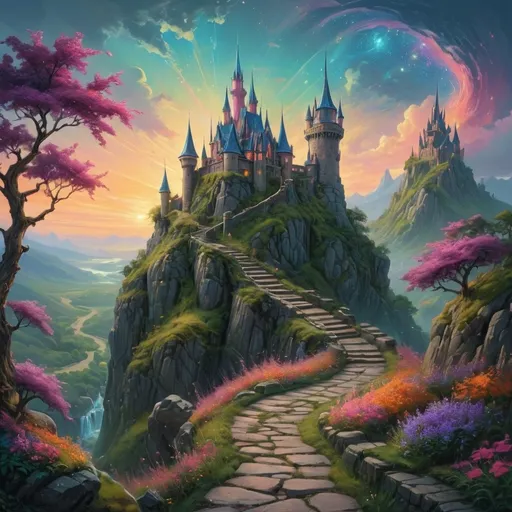 Prompt: A vibrant fantasy landscape unfolds, dominated by a majestic castle perched atop a rocky hill, adorned with tall, pointed turrets in shades of pink and blue. Lush greenery and bursts of pink, purple, and orange flowers line a winding stone path that meanders through the idyllic scene, leading towards the castle's glowing entrance. The sky radiates with a warm spectrum of colors, evoking a stunning sunrise or sunset that lights up fluffy clouds and enhances the enchanting atmosphere. Towering trees frame the scene, their thick foliage creating a sense of depth and serenity, while the overall composition captures a whimsical charm reminiscent of fairy tales. The mood is one of wonder and magic, inviting the viewer to imagine a story waiting to unfold within the castle's walls.