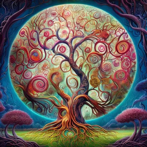 Prompt: Surrealistic depiction of the Tree of Life, vibrant and otherworldly, swirling branches and roots, dreamlike atmosphere, mysterious and enchanting, high quality, detailed surrealism, magical realism, whimsical colors, ethereal lighting, mystical infusion, vibrant and dreamlike, mystical, enchanted, surrealism, vibrant colors, swirling branches, dreamlike, high quality, detailed, magical realism, ethereal lighting