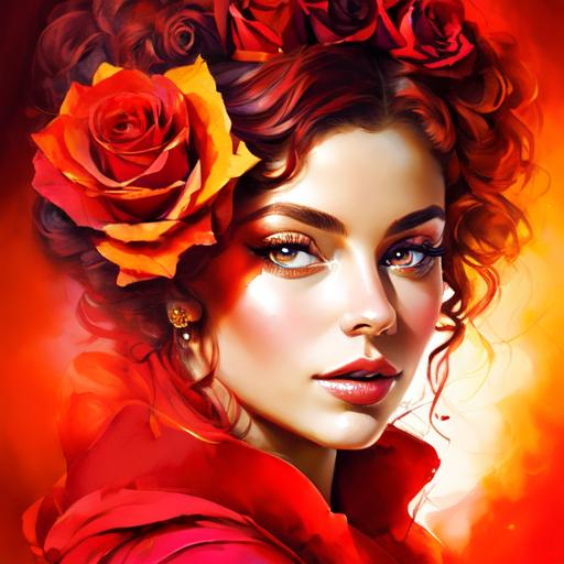 Prompt: fairy goddess, warm colors, fiery  red roses,
background, closeup