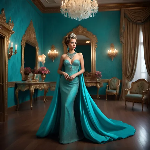 Prompt: In a lavish, richly decorated room adorned with turquoise walls, a stunning woman stands poised in an exquisite, floor-length gown of the same striking hue, elegantly embellished with intricate beadwork across the neckline. Her glamorous hairstyle features soft curls, accentuated by an elegant tiara, while her accessories shimmer with elegance, including stunning earrings that complement her attire. In one hand, she delicately holds a bouquet of creamy roses, contrasting beautifully against her vivid dress. The opulent setting includes ornate chandeliers and elegantly arranged floral displays in soft blue tones, creating a grand atmosphere illuminated by warm candlelight. The scene exudes a fairy-tale elegance, inviting viewers into a moment of timeless beauty and grace.