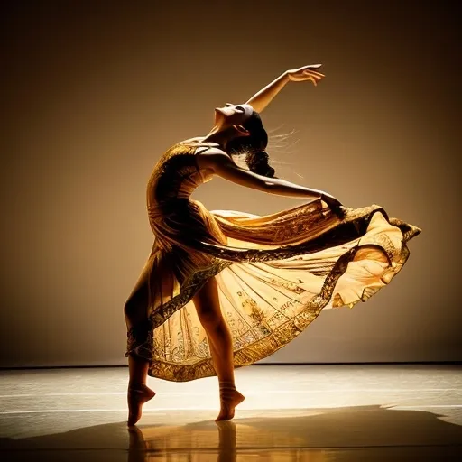 Prompt: (dancer), graceful pose, elegant movements, flowing attire, dynamic energy, soft lighting, warm color tones, vibrant background, expressive facial features, captivating performance, fluid fabric, (highly detailed), artistic ambiance, serene atmosphere, showcasing emotion and passion in dance, ultra-detailed, emphasizing motion and beauty