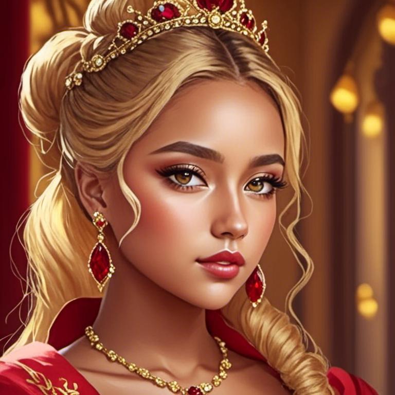 Prompt: <mymodel>High-quality digital painting of a teenage princess with blonde hair in a bun, ruby jewelry, wearing a stunning red dress, big pretty eyes, royal ambiance, detailed fabric textures, elegant crown, soft lighting, warm tones, professional, regal, detailed eyes, royal gown, digital painting, warm lighting, late teens, blonde bun hairstyle, royal ambiance