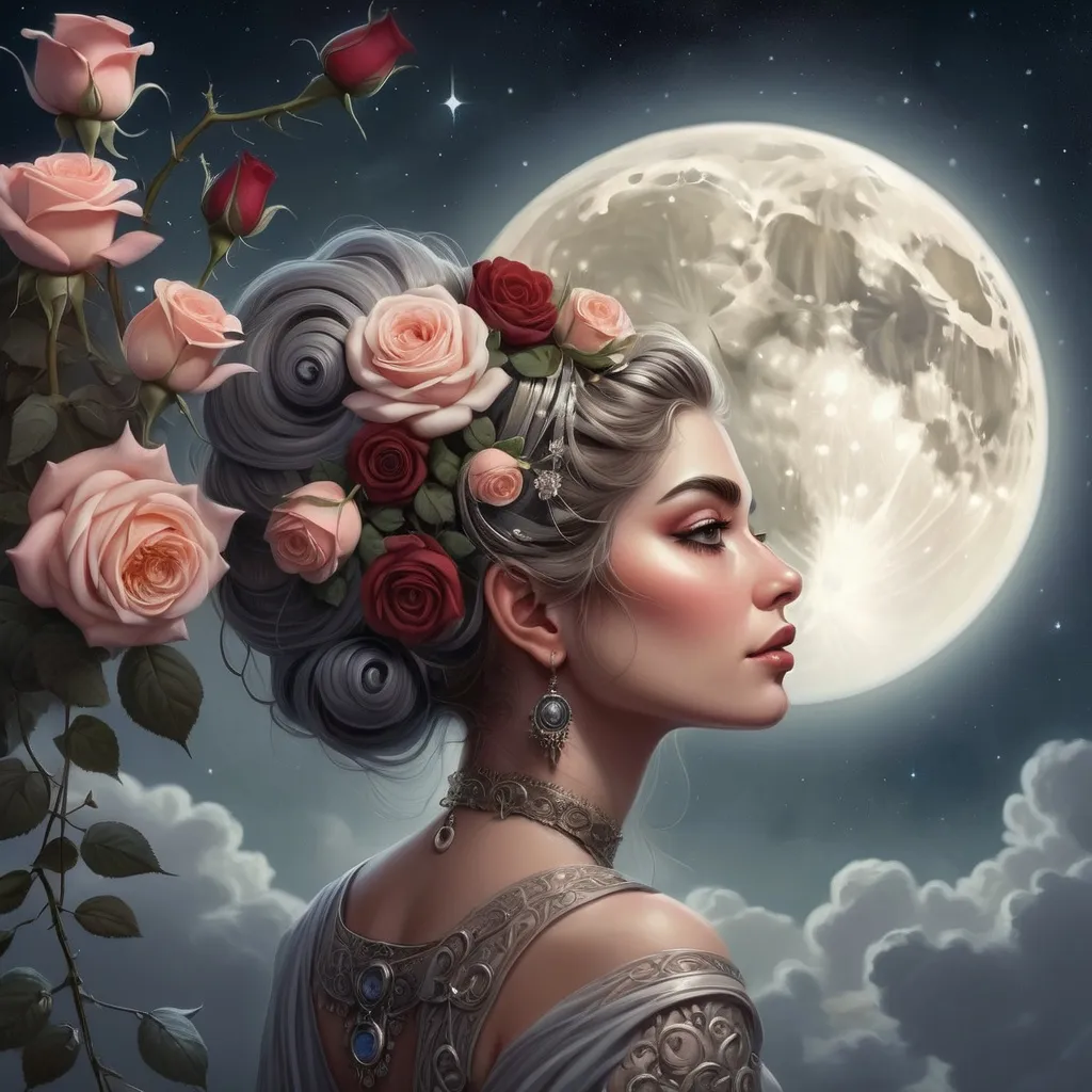 Prompt: a painting of a woman with flowers in her hair and a moon in the background with roses in her hair, Edwin Georgi, fantasy art, highly detailed digital painting, a detailed painting