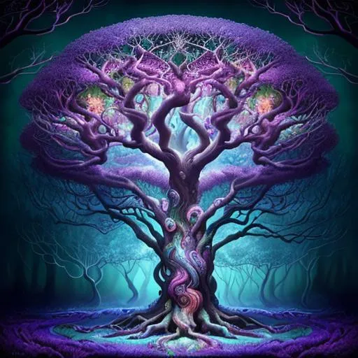 Prompt: Surrealistic depiction of the Tree of Life, vibrant and otherworldly, swirling branches and roots, dreamlike atmosphere, mysterious and enchanting, high quality, detailed surrealism, magical realism, whimsical colors, ethereal lighting, mystical infusion, vibrant and dreamlike, mystical, enchanted, surrealism, vibrant colors, swirling branches, dreamlike, high quality, detailed, magical realism, ethereal lighting