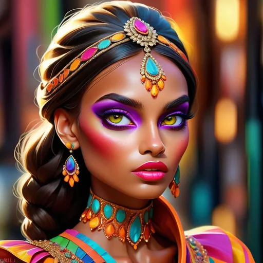 Prompt: digital painting, dramatic colourful makeup, high fashion, intense gaze, realistic portrayal, vibrant colors, detailed features, highres, professional, dramatic, realistic, digital painting, intense gaze, vibrant colors, detailed features, high fashion, glamorous lighting