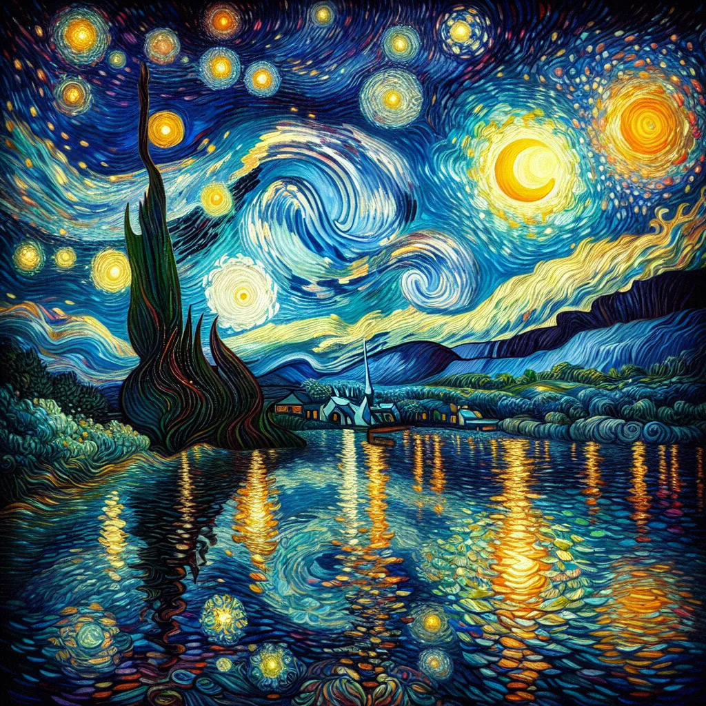 Prompt: a painting of a night sky with stars and a river with  and a full moon, Van Gogh, Dan Mumford, psychedelic art, intricate oil painting, a detailed painting