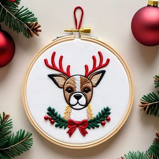 Prompt: Embroidery hoop hand embroidery thread designs of an adorable dog or cat wearing reindeer antlers, surrounded by festive ornaments and a tiny Christmas tree.



