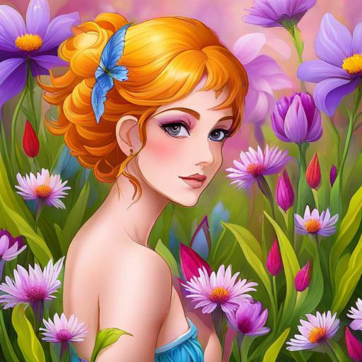 Prompt: a fairy of spring, ,wildflowers, vivid colors, closeup