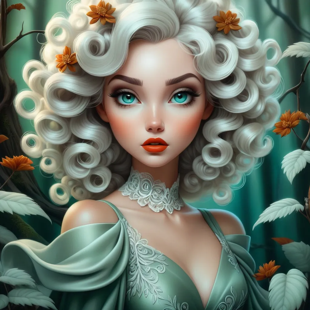 Prompt: The beautiful young lady with curly blowing platinum hair illustration art by Lori Earley, Daria Endresen, Tristan Eaton. Whimsical forest background, Extremely detailed, intricate, beautiful. 
