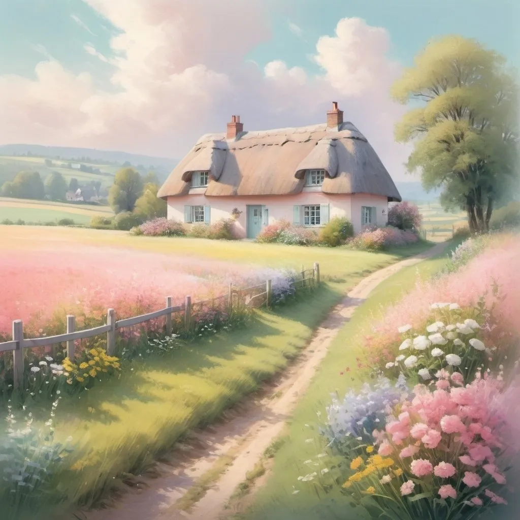 Prompt: Pastel illustration of a serene countryside, soft and dreamy colors, blooming fields of flowers, charming cottage with a thatched roof, gentle sunlight filtering through pastel clouds, tranquil atmosphere, high quality, soft pastel, countryside, dreamy, blooming fields, charming cottage, gentle sunlight, tranquil atmosphere