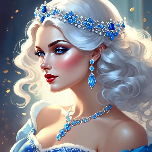 Prompt: A beautiful woman, snow white hair with pastel highlights, frosty blue eyes, blue eyeshadow, blue jewels on forehead<mymodel>