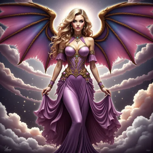 Prompt: A captivating woman dressed in enchanting purple attire, stunning large wings gracefully unfurled behind her, ethereal and majestic. The scene is illuminated with soft, magical glow, evoking a mystical atmosphere. The background features a dreamy landscape with hints of twilight hues, creating an otherworldly ambiance. Ultra-detailed, high-quality image, showcasing her elegance and the vibrant colors of her attire.