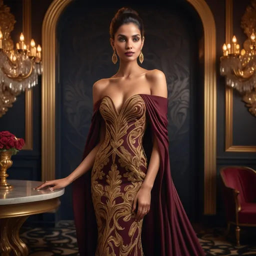 Prompt: Draped in an exquisite off-shoulder gown that blends deep burgundy and rich gold, a poised woman captivates attention against a backdrop of opulent elegance. The intricate patterns of her dress echo the lavish décor of the indoor restaurant, adorned with warm lighting from ornate chandeliers and plush furnishings that create a feeling of intimacy. Her serene expression, complemented by delicate earrings and styled hair, adds a touch of sophistication to the scene, where large windows reveal a hint of the city skyline beyond. The composition's balance between the richness of the colors and the subtle details in the environment conveys a narrative of luxury and grace, inviting viewers into a world of high-class dining and refined aesthetics.
