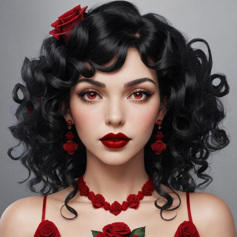 Prompt: woman with curly black hair, red lips,  Red dress, red roses in her hair, facial closeup
