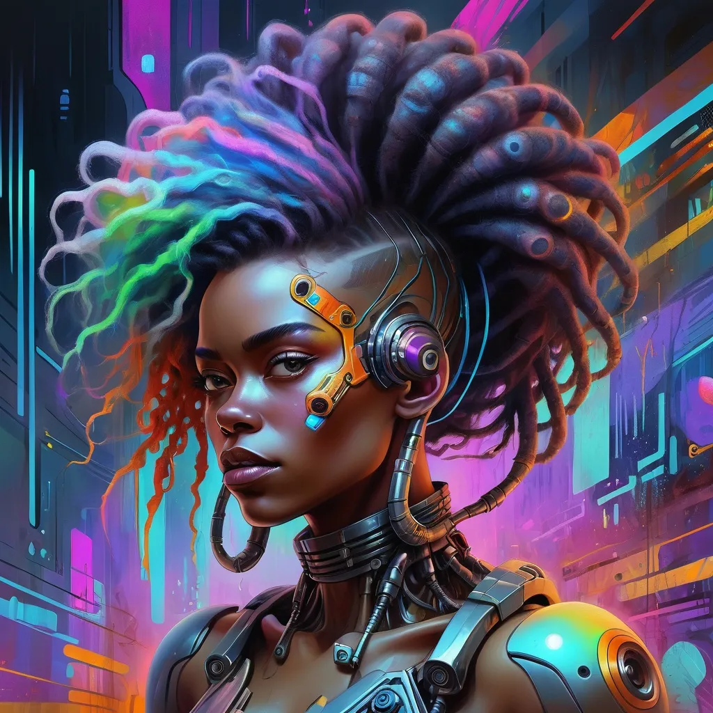 Prompt: a  cyborg woman with a weird hair and a colorful background is featured in this painting by artist marky k, Android Jones, afrofuturism, highly detailed digital painting, cyberpunk art