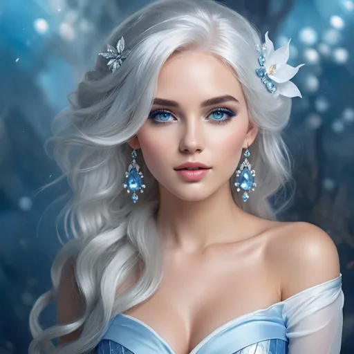 Prompt: <mymodel>High-res digital painting of a beautiful woman with snow white hair and pastel highlights, frosty blue eyes, blue eyeshadow, and blue jewels on her forehead, ethereal fantasy style, cool tones, soft and magical lighting, detailed facial features, professional, elegant, high quality