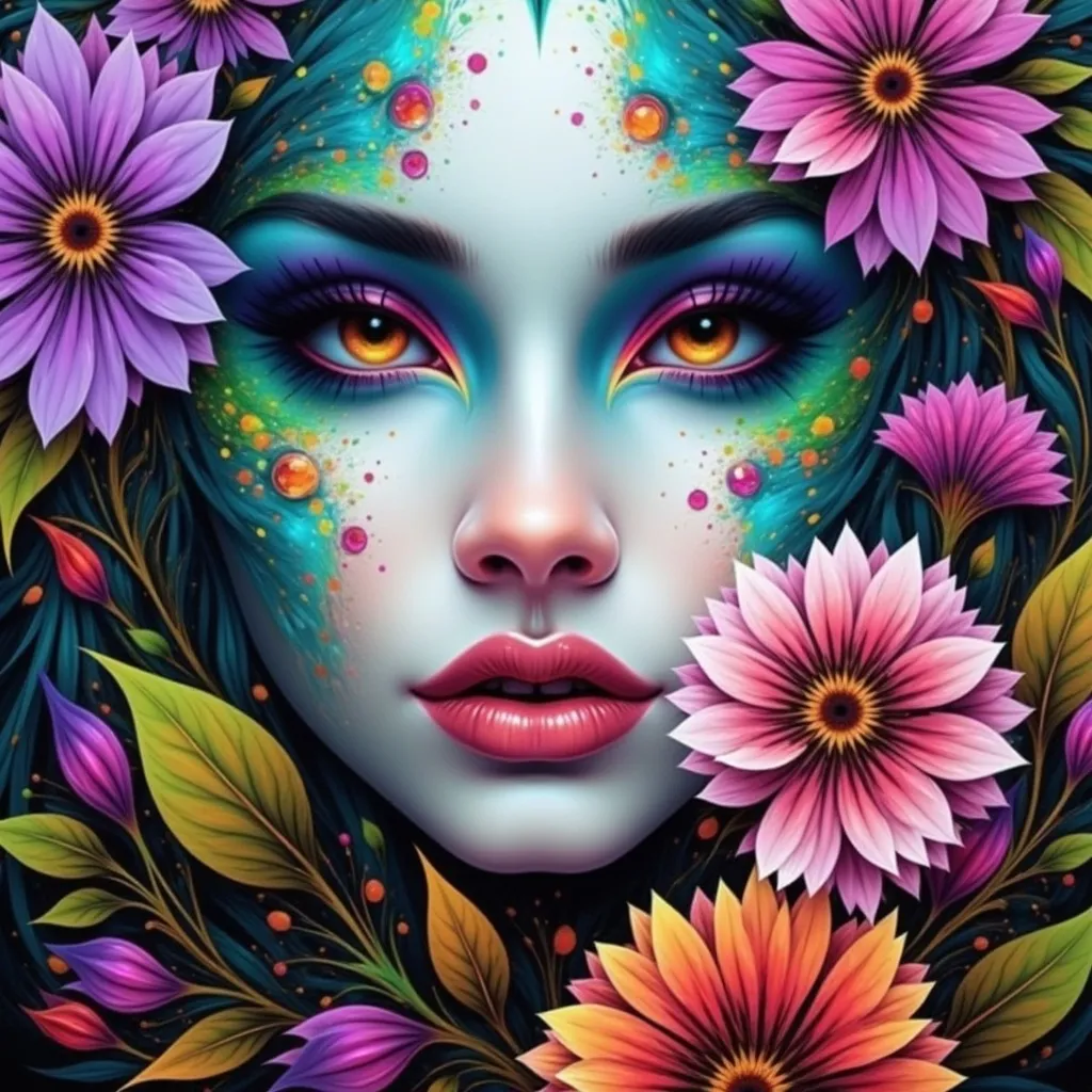 Prompt: a painting of a woman with flowers sprouting from her face, with a dark background, Anna Dittmann, fantasy art, highly detailed digital painting, an airbrush painting