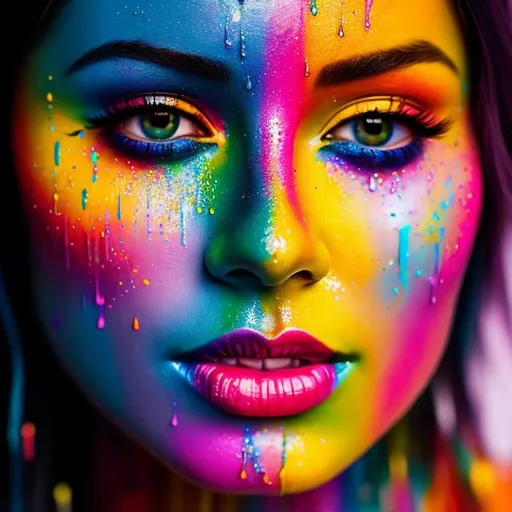 Prompt: Facial closeup of a female face, rainbow paint dripping, vibrant colors, high-definition, detailed, digital painting, close-up, colorful, expressive, rainbow paint drips, intense gaze, professional, vibrant, artistic, surreal, vivid colors, detailed facial features, digital art, high quality